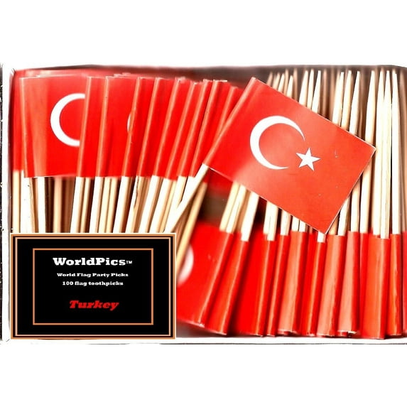 One Box Turkey Toothpick Flags, 100 Small Turkish Cupcake Flag Toothpicks or Cocktail Picks