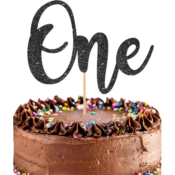 One Cake Topper, Black Glitter Cardstock Cake Pick for Boys Neutral First Birthday Smash Cake Decor, 1 Count