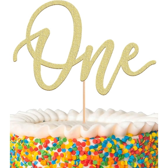 One Cake Topper, Gold Glitter Cursive Script Cake Pick for Baby 1st Birthday Smash Cake Party Decor, 1 Pack