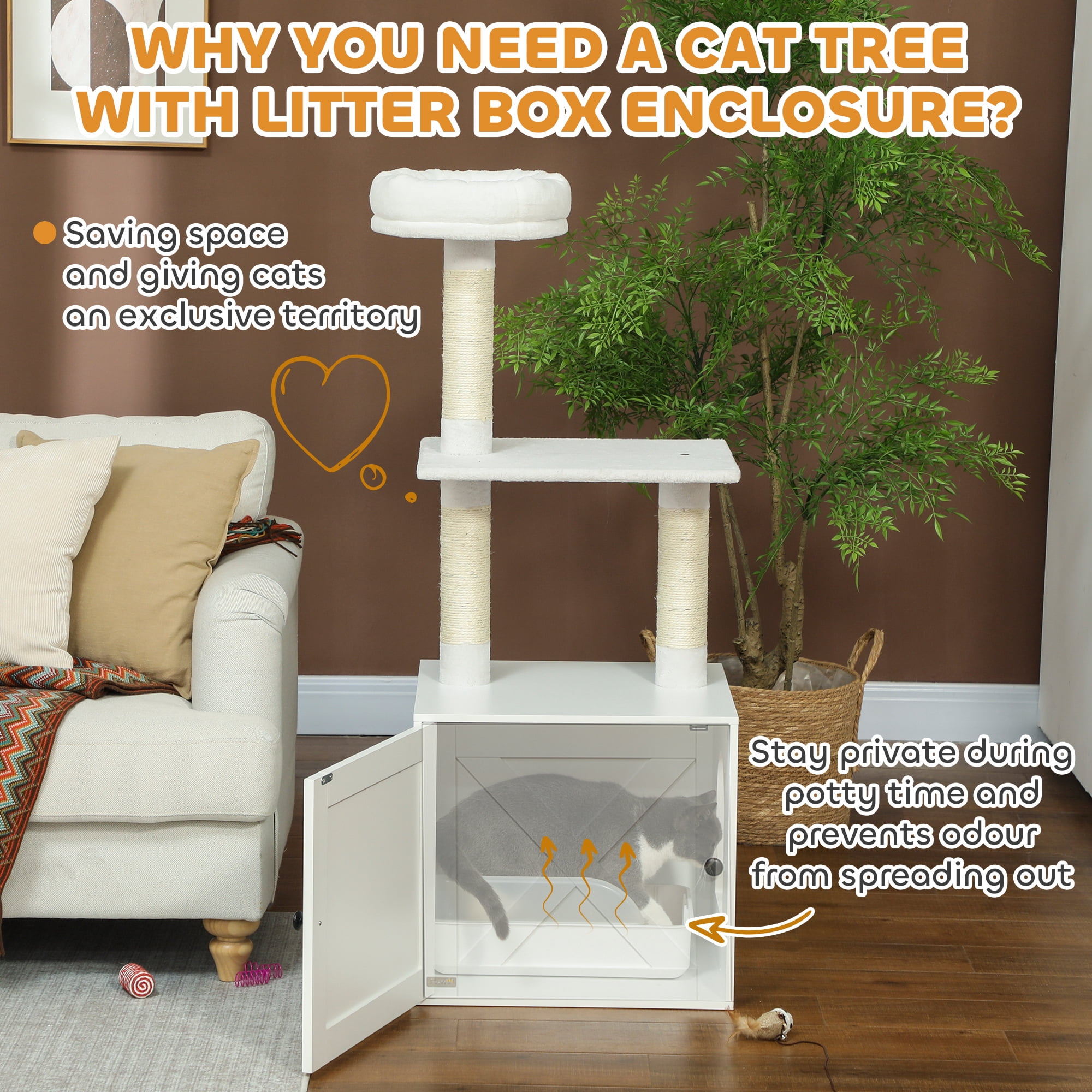 All In One Cat Litter Box Enclosure With 3 Tier Cat Tree Tower, Hidden Odor Control Cat Washroom Furniture, Sisal Scratching Posts Top Perch Indoor Cat Cabinet House