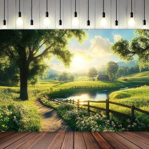 One Cheerful Countryside Banner tapestry Made of Polyester Featuring a Rustic Landscape Design with Vibrant Green Fields, Blooming Flowers, And a Wooden Fence, Suitable for Weddings