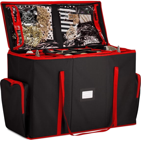 in One Christmas Ornament Storage Box & Decoration Container - Easy Access Removable Trays, Keeps 73 Ornaments - Adjustable Extent Area for Figurines and Pockets for Decoration - Black