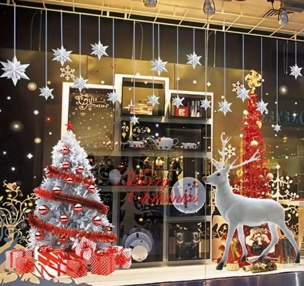 One Christmas decorative window sticker set, including reindeer and snowflake electrostatic stickers, DIY Christmas display case party supplies, winter glass door home decoration stickers.