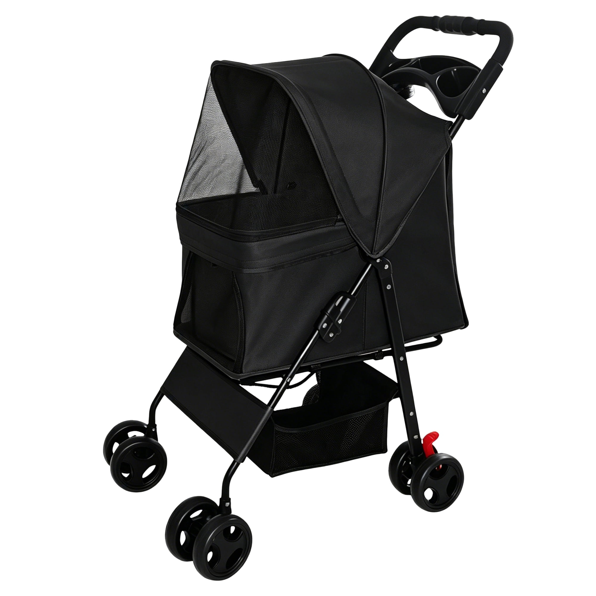 One-Click Foldable Black Pet Stroller for Small Dogs Cats, Holds Up to 28 LBS, Breathable Mesh, 360° Swivel Lockable Wheels, Storage Tray & Basket for Daily Walk Vet Travel