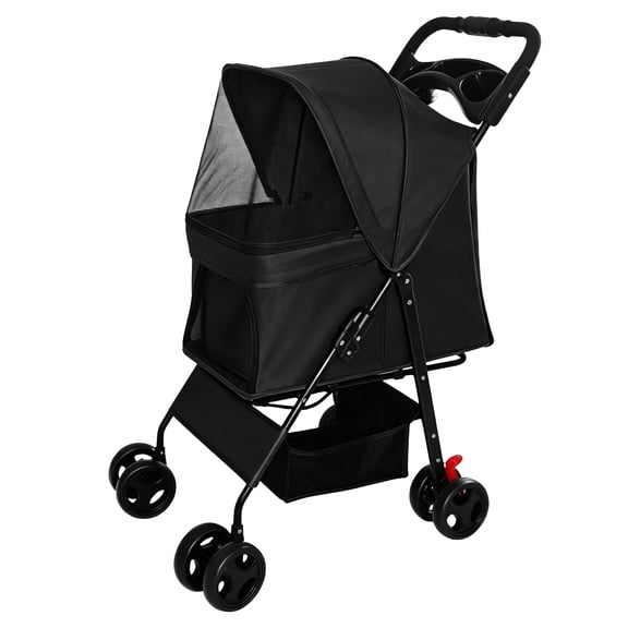 One-Click Foldable Black Pet Stroller for Small Dogs Cats, Holds Up to 28 LBS, Breathable Mesh, 360° Swivel Lockable Wheels, Storage Tray & Basket for Daily Walk Vet Travel
