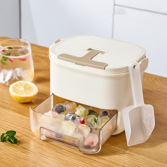 One-Click Ice Cube Maker Bin,2-Tier Freezer Ice Tray with Storage Drawer,7.52"×6.11",1PC,Beige