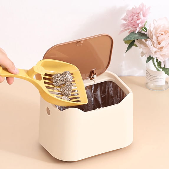 One-Click Opening Scooping Litter Bin, ZzCityTK Durable Closed Litter Pan with Detachable Buckets, Portable Litter Box for Cat Waste Odor Control, Khaki