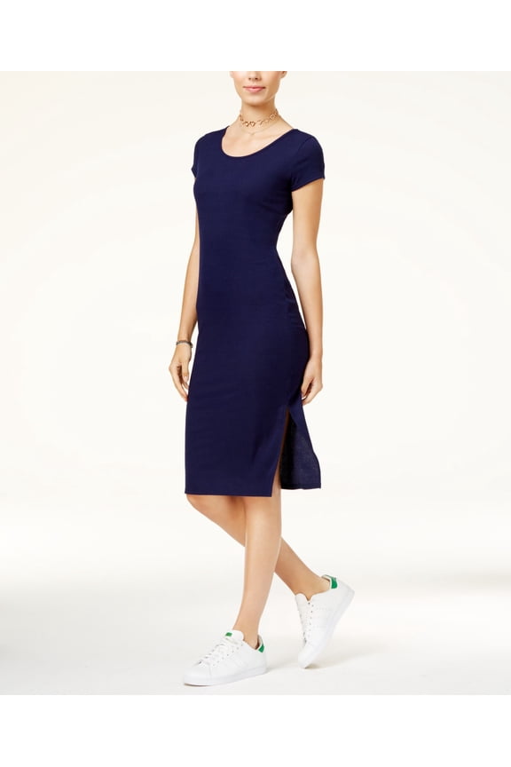 Juniors Lace Up Rib Knit T-Shirt Dress Navy S