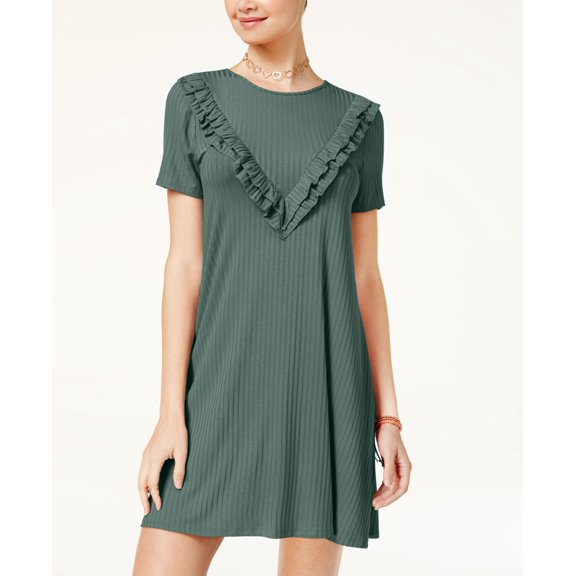 One Clothing Juniors Ribbed Ruffled T-Shirt Dress Sage M