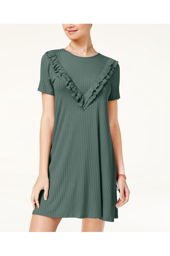 Juniors Ribbed Ruffled T-Shirt Dress Sage M
