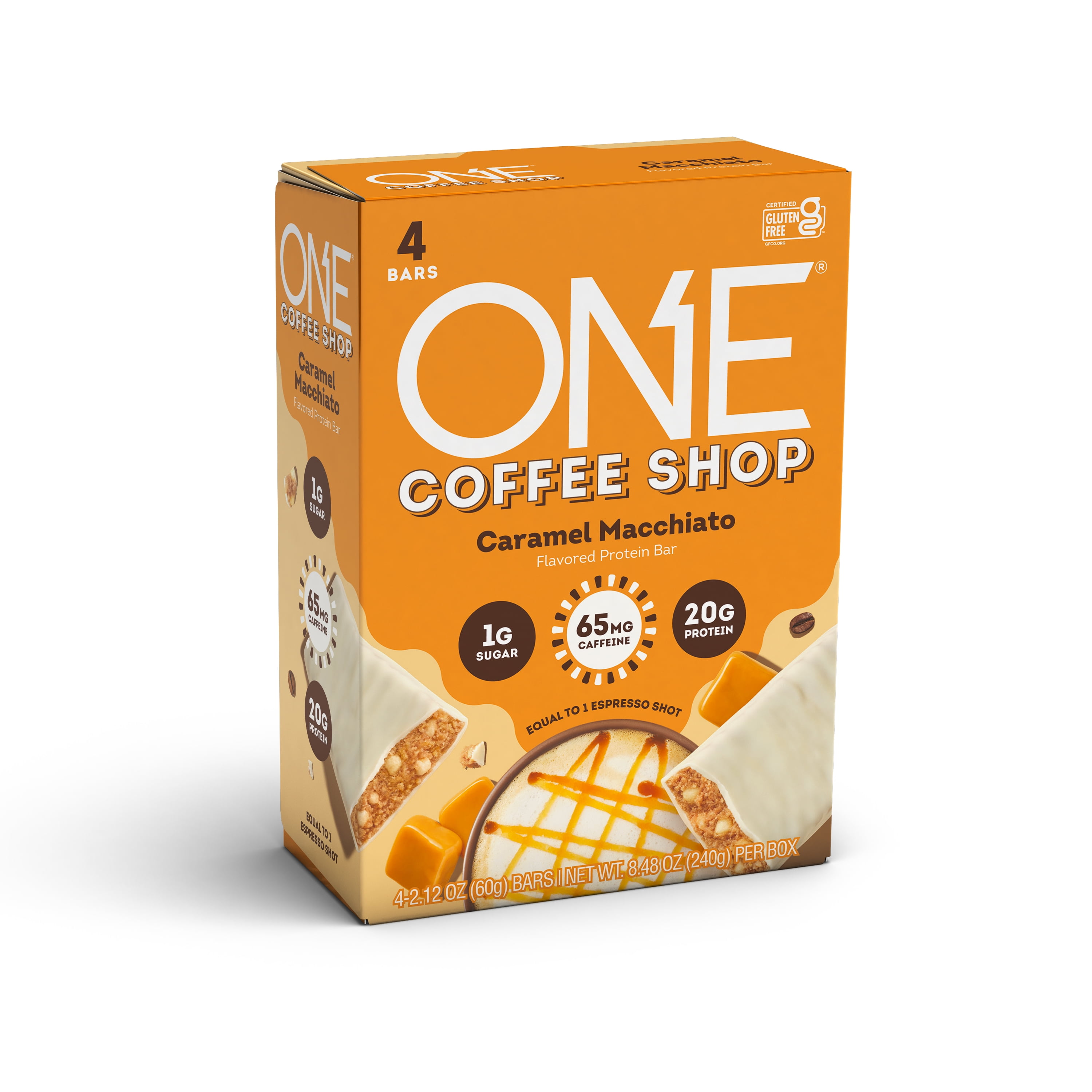 ONE Brands Coffee Shop Protein Bar, Caramel Macchiato, 20g Protein, 65mg Caffeine, 4 Count