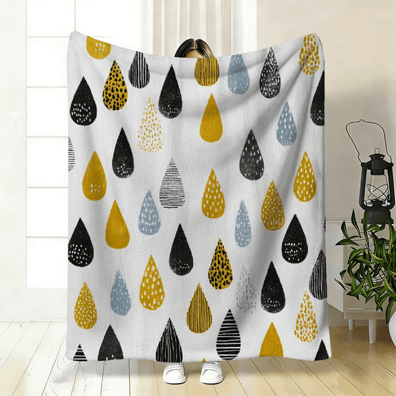 One Comfortable Raindrop Pattern Flannel Blanket, Soft High-Definition Digital Print Yellow Black Gray Droplet Design All-Season Use!