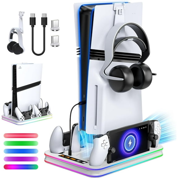All in One Cooling Stand & Charger Station for PS5/Slim/Pro Console and Controller Charing Dock, Charging Stand for , Headset and Remote Holder with RGB Light Stand