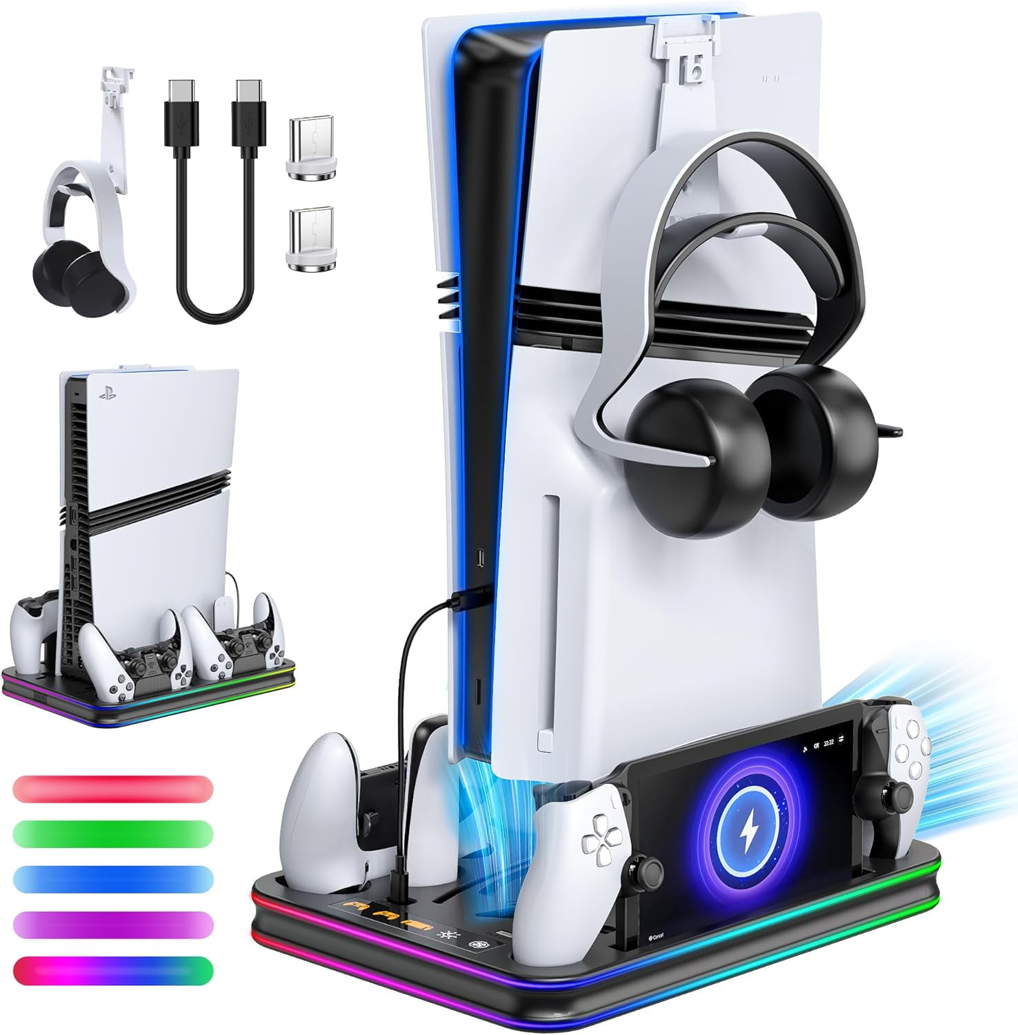 All in One Cooling Stand & Charger Station for PS5/Slim/Pro Console and Controller Charing Dock, Charging Stand for PlayStation Portal, Headset and Remote Holder with RGB Light Stand (Black)