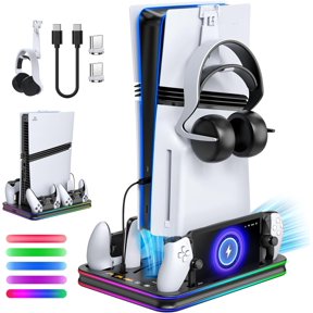 All in One Cooling Stand & Charger Station for PS5/Slim/Pro Console and Controller Charing Dock, Charging Stand for PlayStation Portal, Headset and Remote Holder with RGB Light Stand (Black)