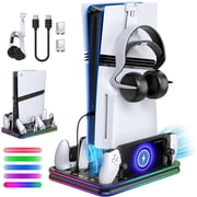 All in One Cooling Stand & Charger Station for PS5/Slim/Pro Console and Controller Charing Dock, Charging Stand for PlayStation Portal, Headset and Remote Holder with RGB Light Stand Black