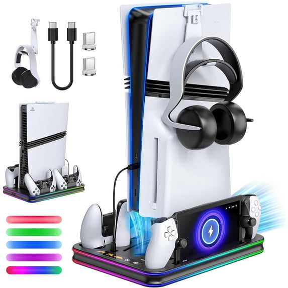 All in One Cooling Stand & Charger Station for PS5/Slim/Pro Console and Controller Charing Dock, Charging Stand for PlayStation Portal, Headset and Remote Holder with RGB Light Stand (Black)