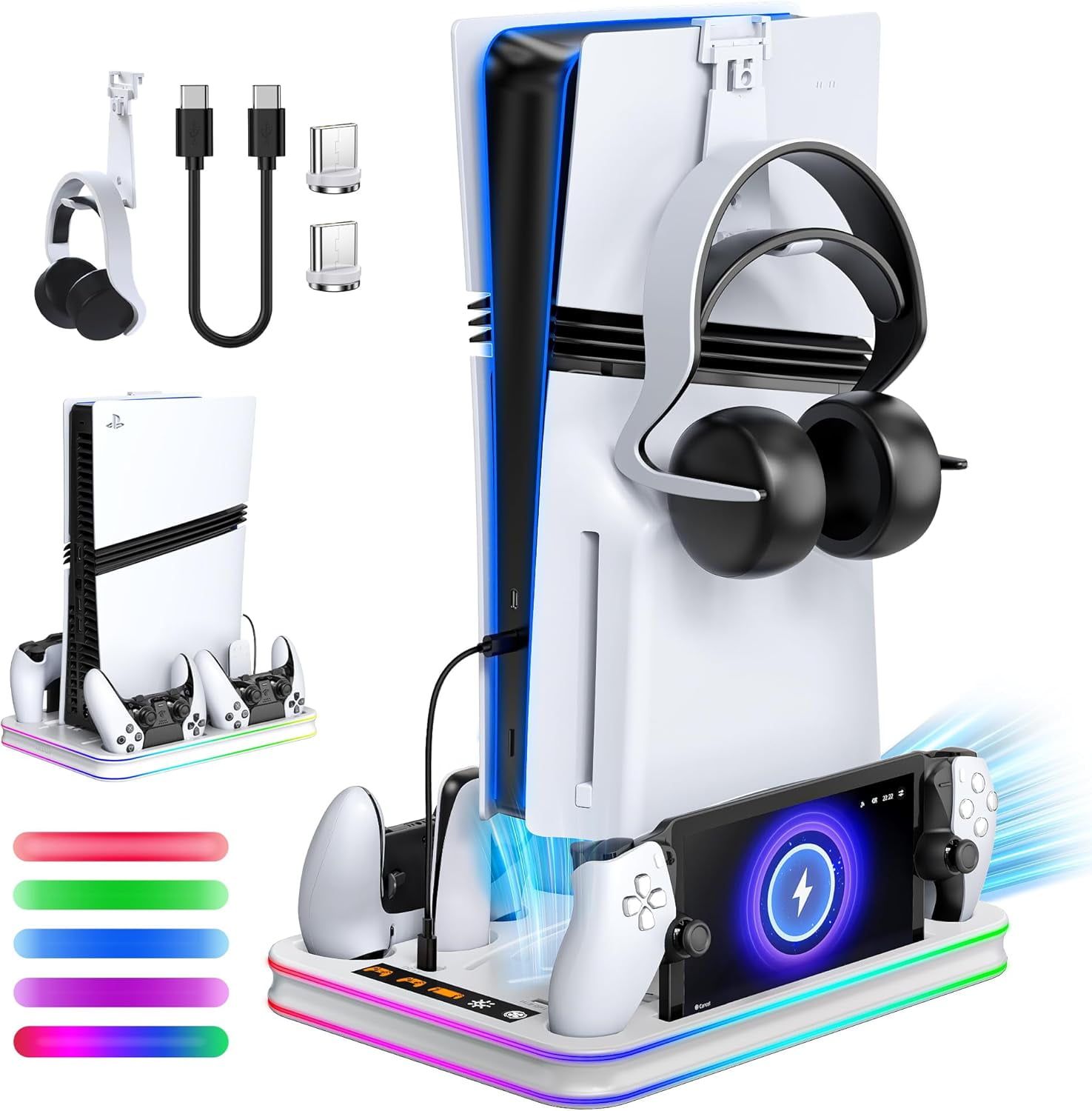 All in One Cooling Stand & Charger Station for PS5/Slim/Pro Console and Controller Charing Dock, Charging Stand for PlayStation Portal, Headset and Remote Holder with RGB Light Stand (White)