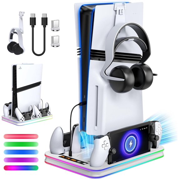 All in One Cooling Stand & Charger Station for PS5/Slim/Pro Console and Controller Charing Dock, Charging Stand for PlayStation Portal, Headset and Remote Holder with RGB Light Stand (White)