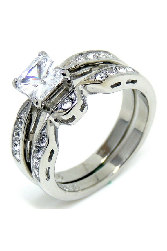 One Ct Princess Cut CZ Womens 316 Stainless Steel Wedding Anniversary Ring Set - Size 9