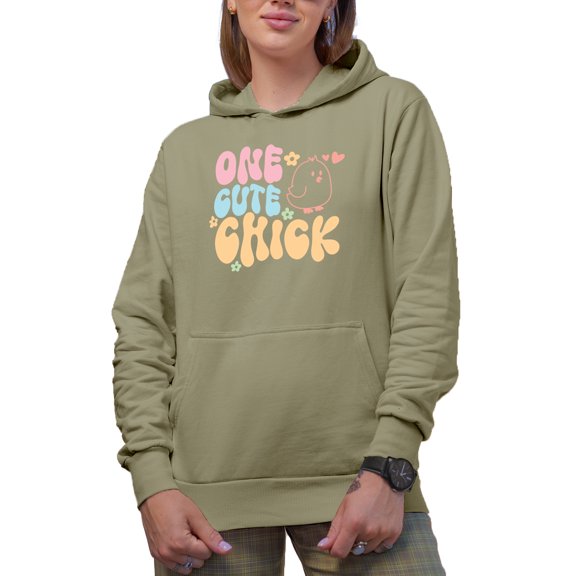 One Cute Chick, Groovy Text & Chicken Art Merch Gift, Sand Hooded Sweatshirt or Hoodie, 3XL