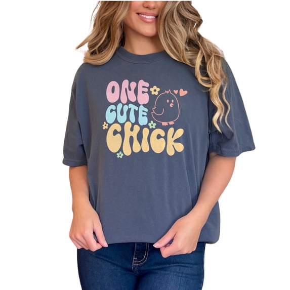One Cute Chick, Groovy Text & Cute Chicken Art Merch, Denim Comfort Colors T-Shirt, Small