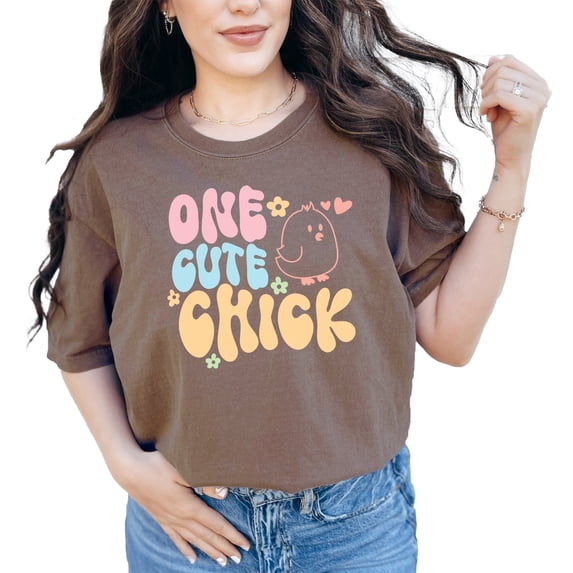 One Cute Chick, Groovy Text & Cute Chicken Art Merch, Espresso Comfort Colors T-Shirt, Medium