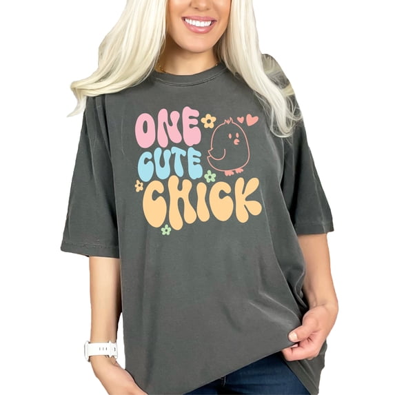 One Cute Chick, Groovy Text & Cute Chicken Art Merch, Pepper Comfort Colors T-Shirt, XL