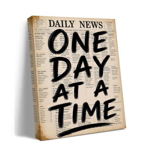 One Day At A Time Canvas Wall Art, Inspirational Newspaper Quote Print, Neutral Typography Home Decor