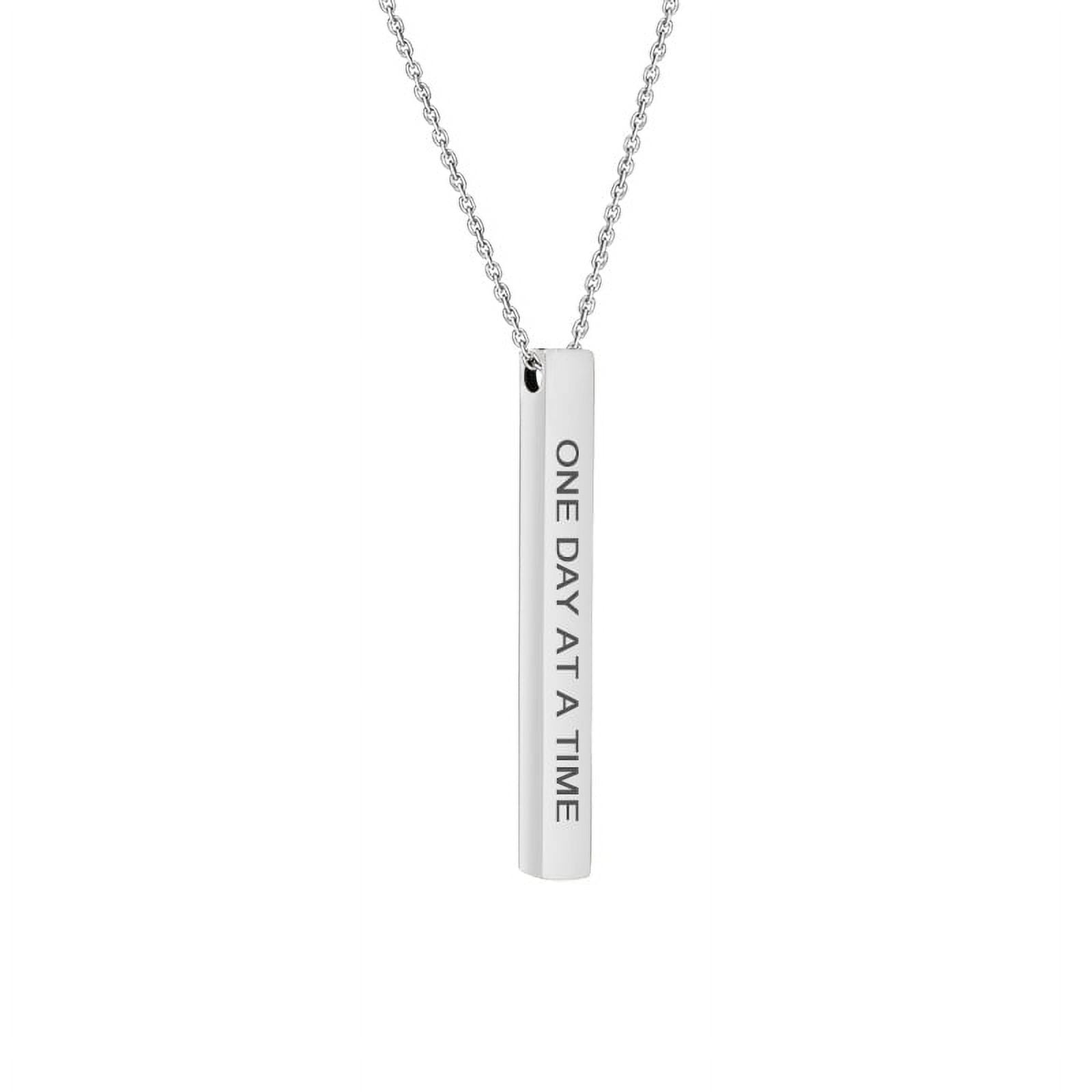 One Day At A Time Inspirational Quote Silver Stainless Steel 4-Sided Bar Necklace with Gift Box