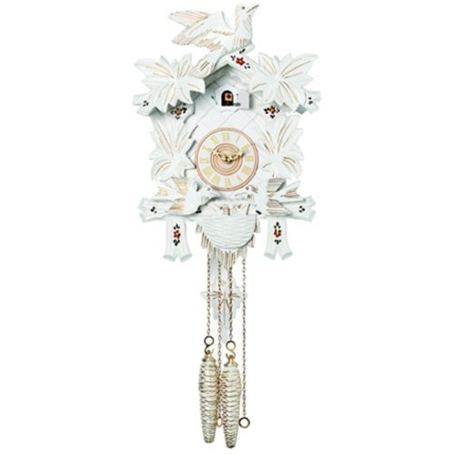 One Day Cuckoo Clock with Carved Maple Leaves & Moving Birds White