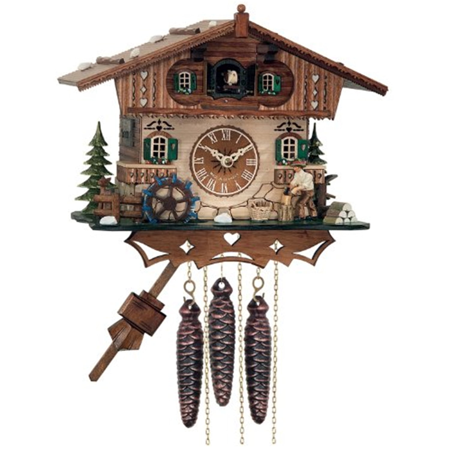 One Day Musical Cottage Cuckoo Clock with Woodchopper and Waterwheel