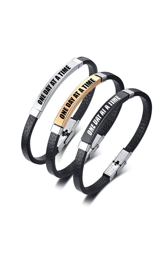 One Day at a Time Bracelet for Men Women,Thin Leather Wristband Inspirational Motivational Bracelets Sobriety Gifts for Addiction Recovery Sober AA Anniversary Alcoholics Anonymous