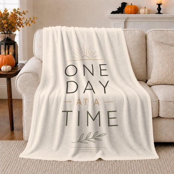 One Day At Time Inspirational Autumn, Cozy Typography Art Scene, Warm Flannel Blanket for Living Room and Reading Nook, Art Lovers Thanksgiving Gift, Artistic Home Decor