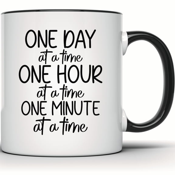 One Day at a Time Inspirational Mug - Motivational Positivity Coffee Cup - Minimalist Encouragement Gift - 11 Ounce Black Rim Handle Novelty Coffee Cup - WMUG1501-BLK