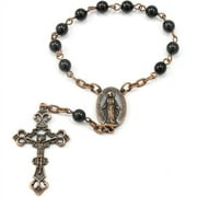 BRENDA ELAINE JEWELRY One Decade Catholic Rosary, Mini Pocket Rosary, Epoxy Coated Copper, Will Never Tarnish, Black Pearls, Ornate Crucifix, No Lobster Clasp