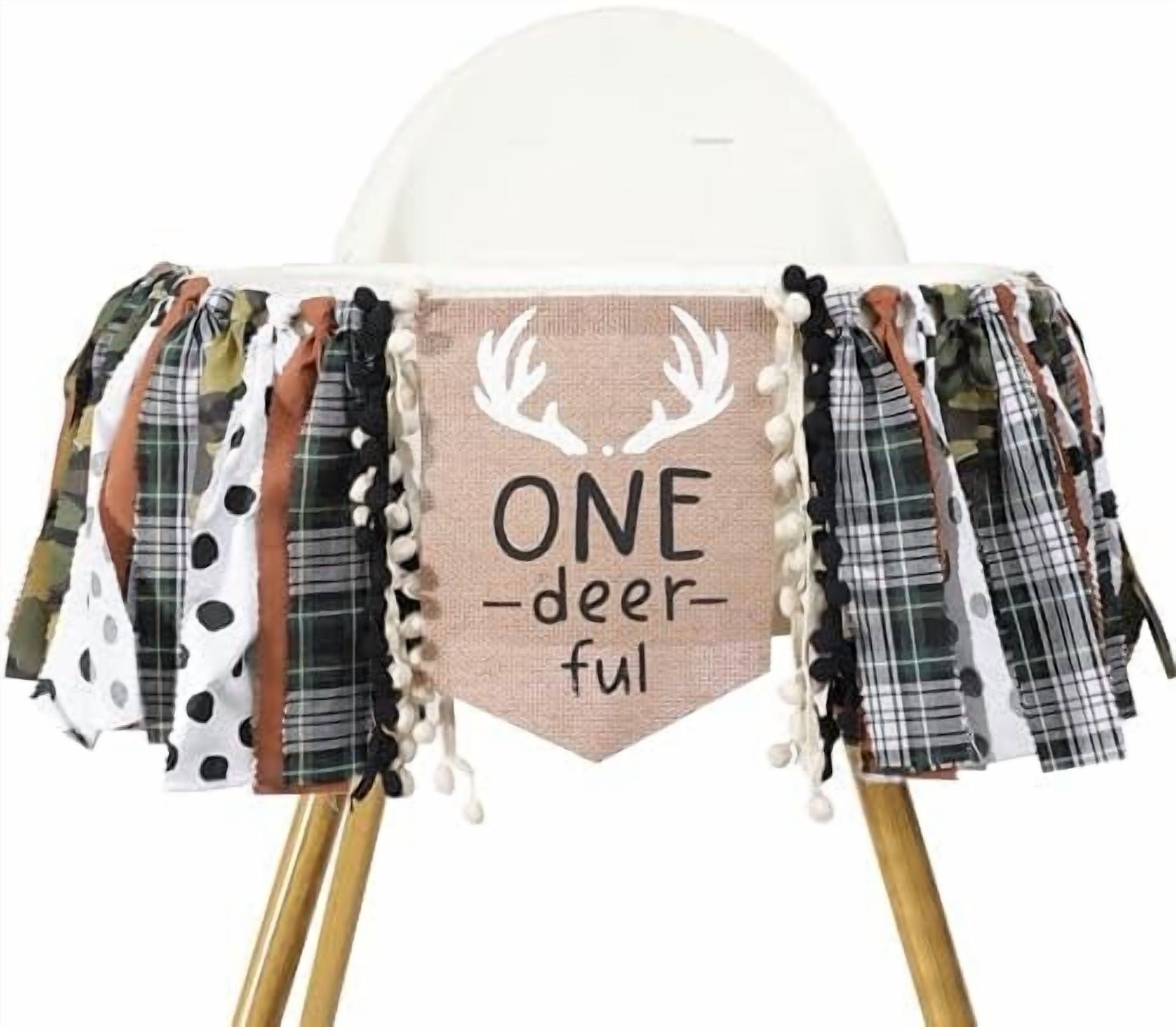 One Deer Themed High Chair Banner - Boys 1st Birthday Party Decorations, Deer Camo Hunting Green Highchair Banner, Woodland Animal Boys Party Decor, One Deer Ful First Birthday Ribbon Banner