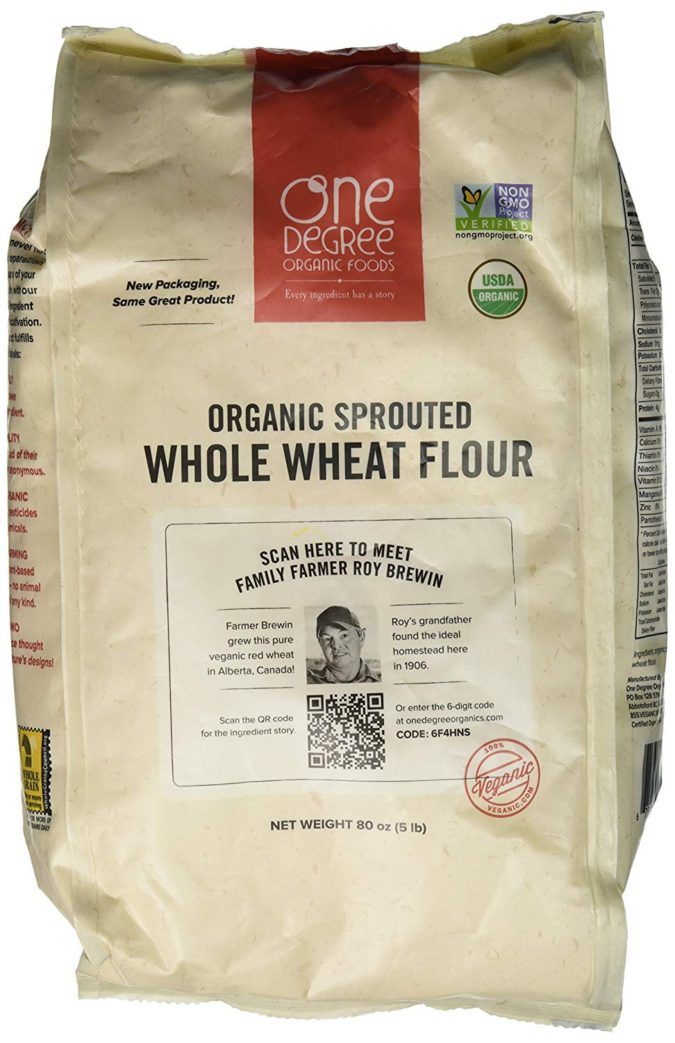 One Degree Organic Sprouted Whole Wheat Flour, 80 Ounce -- 4 per case.