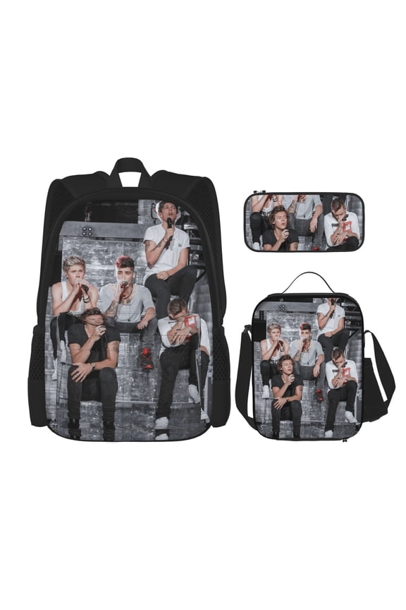 One Direction Bookbag Backpack With Lunch Box and Pencil Case 3 Piece Rucksack Backpack Set for Student Backpacks for Casual Camping Travelling Picnic
