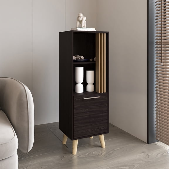 One Door 47" Cabinet With Open Shelf & Hidden Storage. Dark - Oak. Modern Style For Primary Living Space. Particle Board Construction. 47.26" H X 16.39" W 13.93" D. Dual Function Storage High