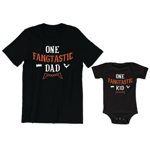 One Fangtastic Dad Men's T-Shirt Cute Vampire Bats Graphic Tee One Fangtastic Kid Baby Bodysuit Kids Toddler Shirt Halloween Family Matching Daddy Daughter Son Outfits