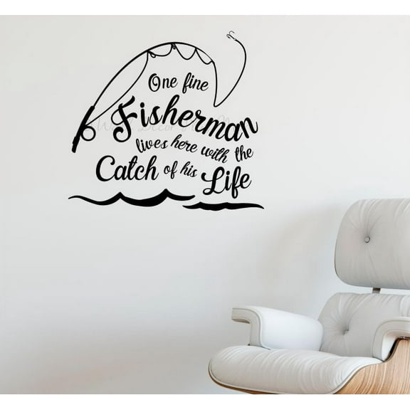 One Fine Fisherman Lives Here Catch of Life Wall Decor Sticker Fishing Love Wall Decals 23x21-Inch Black