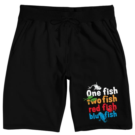 One Fish Blue Fish Multicolor Title Text Adult Black Sleep Pajama Shorts-XL