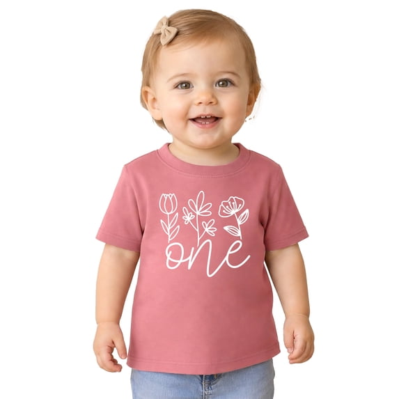 One Floral 1st Birthday Shirt for Baby Girls First Birthday Outfit White on Mauve Shirt 18 Months