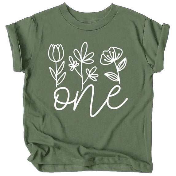 One Floral 1st Birthday Shirt for Baby Girls First Birthday Outfit White on Military Green Shirt 12 Months