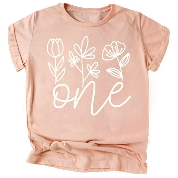 One Floral 1st Birthday Shirt for Baby Girls First Birthday Outfit White on Peach Shirt 12 Months