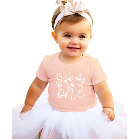 One Floral 1st Birthday Shirt for Baby Girls First Birthday Outfit White on Peach Shirt 12 Months