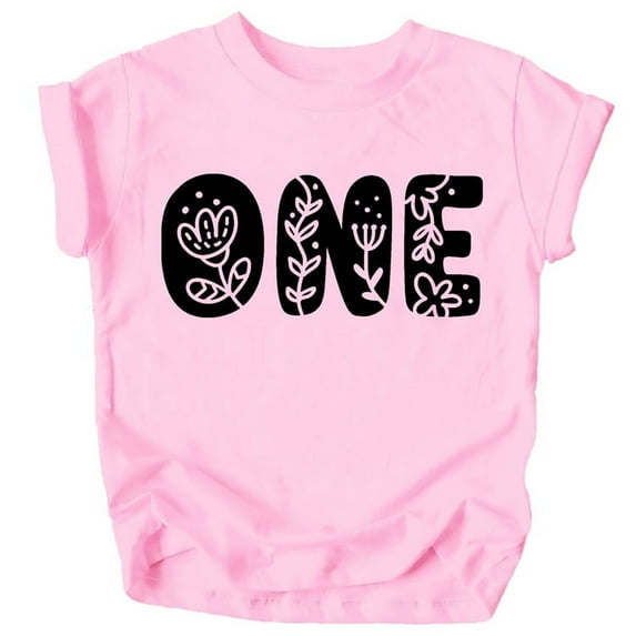 One Floral Numbers Ages 1-7 Girl's 1st Birthday Shirt Black on Pink Shirt 12 Months