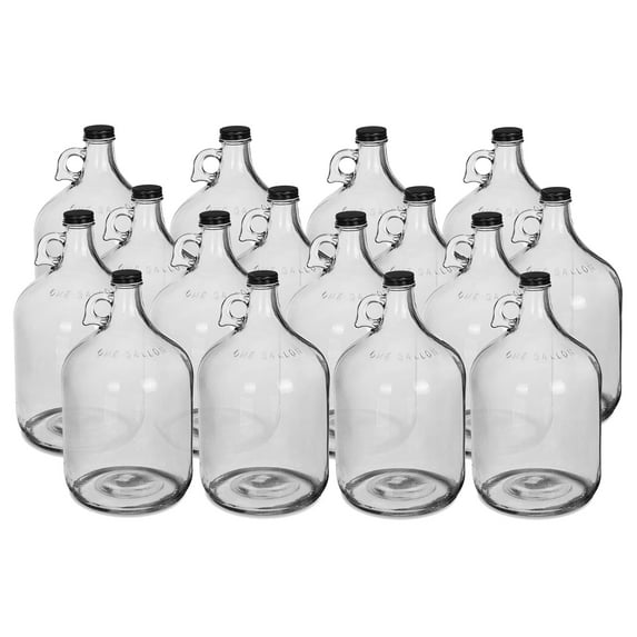 One Gallon Glass Jug with 38mm BLACK Metal Screw Cap (Set of 16)