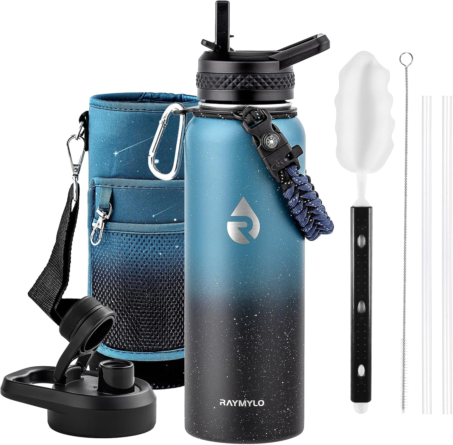 One Gallon Water Bottle Insulated, Triple Walled Vacuum Stainless Steel (Cold for 48 Hrs), Leak Proof & Non-BPA, Large Water Flask Jug with Paracord Handle & Straw Spout Lids